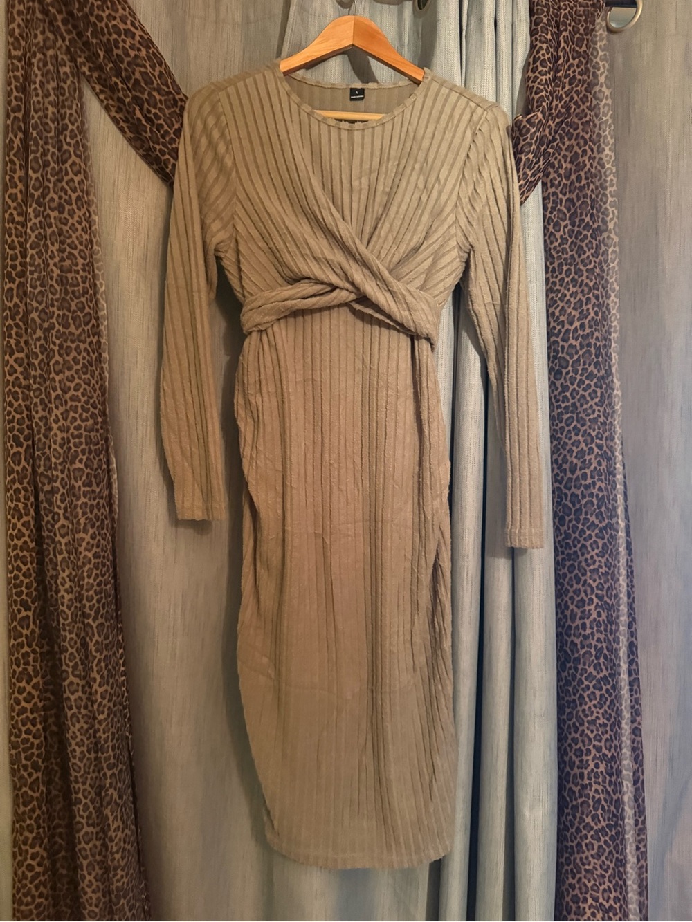 Pregnancy Wear, Ribbed Twist-Front Long Sleeve Dress - Taupe/Green